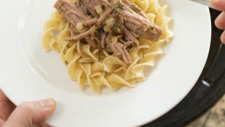 A slow cooker filled with shredded pork shoulder in a rich garlic-herb gravy, with a spoon lifting a steaming mound.