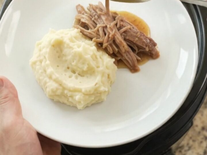 Shredded pork shoulder with pearl onions in a buttery Guinness jus in a slow cooker