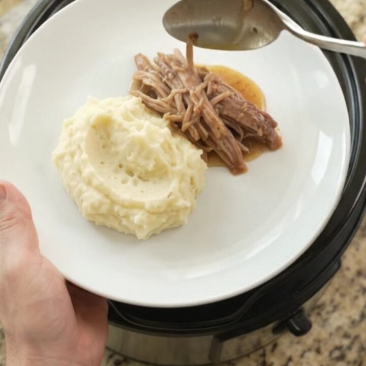 Shredded pork shoulder with pearl onions in a buttery Guinness jus in a slow cooker