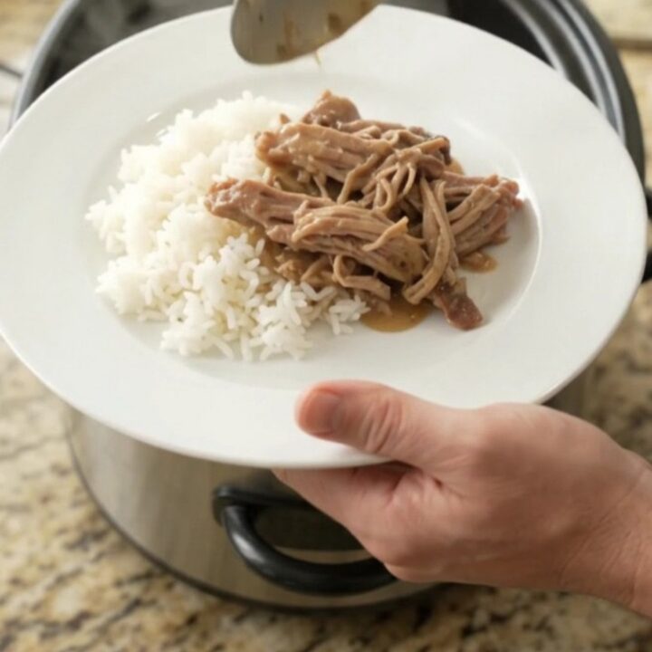Shredded pork shoulder in creamy Guinness Dijon gravy with pearl onions in a slow cooker
