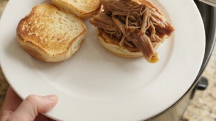 Slow-cooked pork shoulder in a rich brown gravy with caramelized onions, shown in a black crockpot.