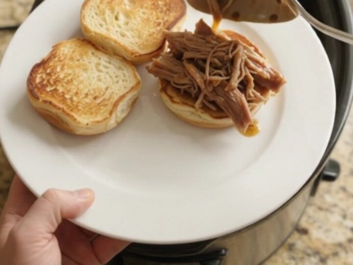 Slow-cooked pork shoulder in a rich brown gravy with caramelized onions, shown in a black crockpot.