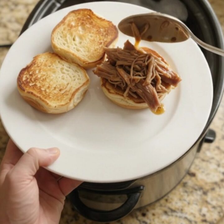 Slow-cooked pork shoulder in a rich brown gravy with caramelized onions, shown in a black crockpot.