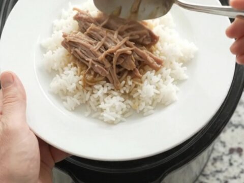Pulled pork shoulder in creamy Dijon onion gravy in a black slow cooker
