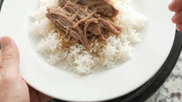 Pulled pork shoulder in creamy Dijon onion gravy in a black slow cooker