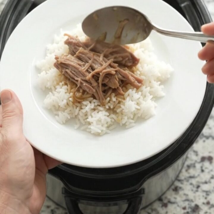 Pulled pork shoulder in creamy Dijon onion gravy in a black slow cooker