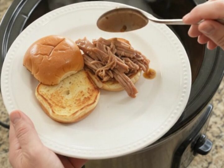 Slow-cooker pork shoulder with Yukon Gold potatoes and carrots in rich brown gravy, served in a black crockpot.
