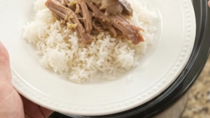 Slow-cooker pork shoulder with creamy Dijon sauce and portobello mushrooms in a black crockpot