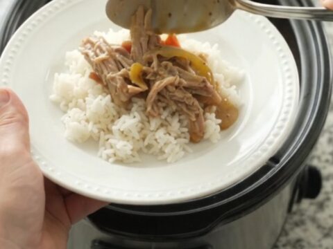 Slow-cooked pork shoulder with sweet peppers and onions in a creamy Dijon sauce, served on a white plate