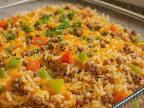 A steaming portion of cheesy ground beef and rice casserole in a glass dish with a melted cheese stretch.