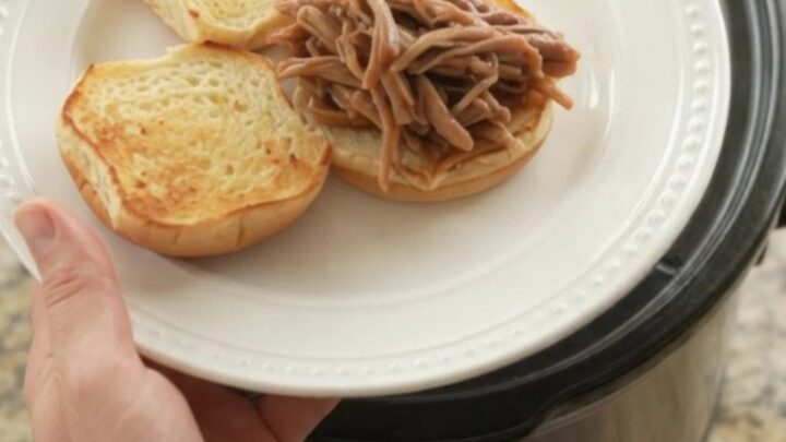 Slow-cooked pork shoulder with sweet peppers in a rich brown gravy, shown in a black Crockpot insert