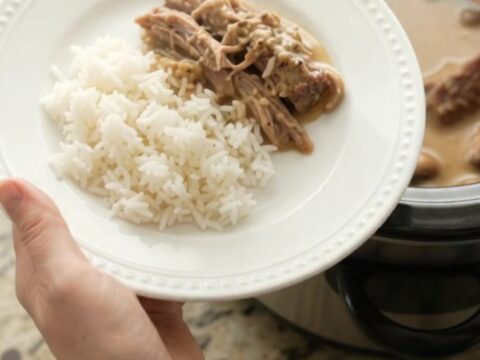 Shredded pork sirloin roast in creamy mushroom Dijon gravy in a slow cooker