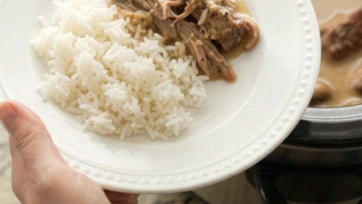 Shredded pork sirloin roast in creamy mushroom Dijon gravy in a slow cooker
