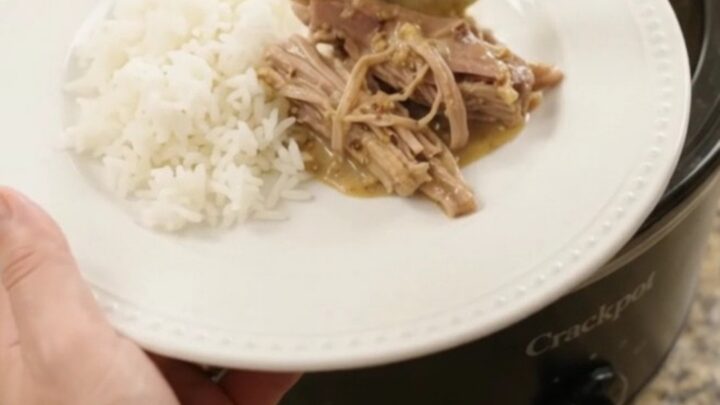 Shredded pork sirloin roast in creamy pepperoncini ranch Dijon sauce in a slow cooker