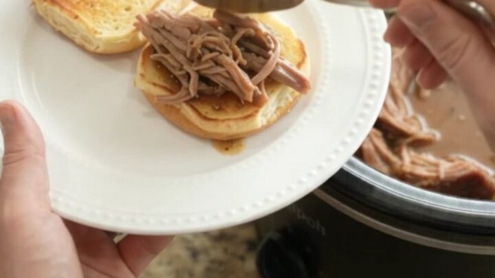 Slow-cooker pork sirloin roast with mushrooms in a glossy brown gravy