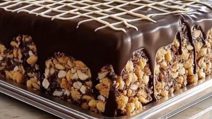 A square chocolate biscuit cake sitting on a silver tray with a rich, glossy ganache finish.