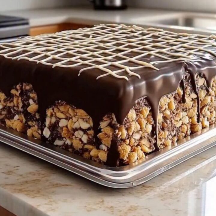 A square chocolate biscuit cake sitting on a silver tray with a rich, glossy ganache finish.