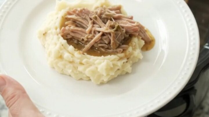 Shredded pork sirloin roast in a slow cooker with golden butter jus