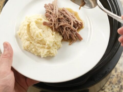 Shredded pork sirloin roast with pearl onions in a slow cooker