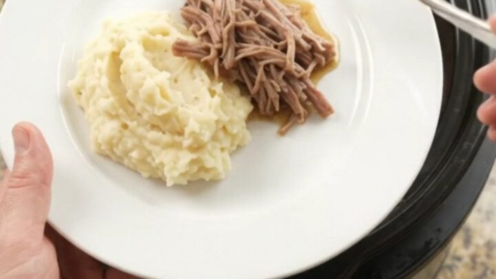 Shredded pork sirloin roast with pearl onions in a slow cooker