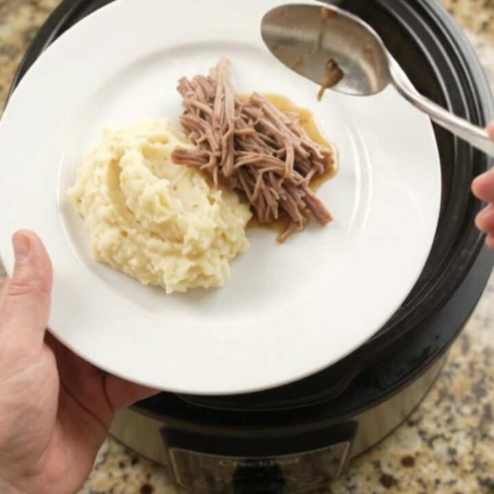 Shredded pork sirloin roast with pearl onions in a slow cooker