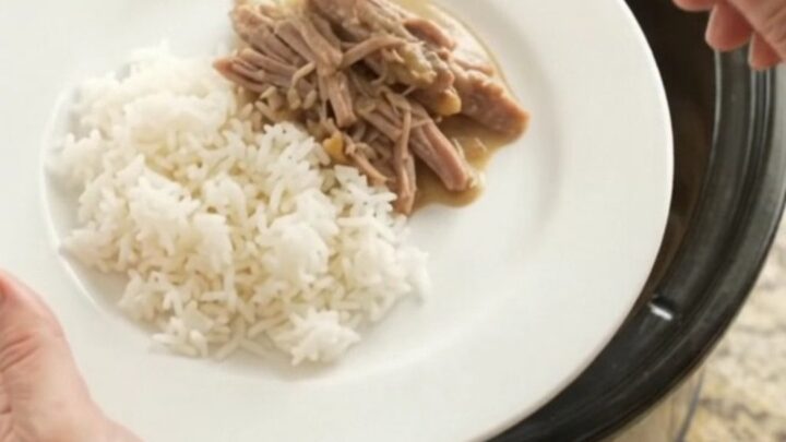 Shredded pork sirloin roast in a slow cooker with creamy Guinness sauce and pearl onions.