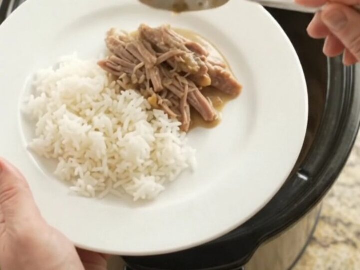 Shredded pork sirloin roast in a slow cooker with creamy Guinness sauce and pearl onions.