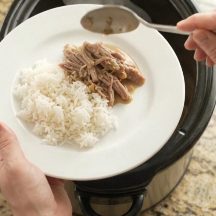 Shredded pork sirloin roast in a slow cooker with creamy Guinness sauce and pearl onions.