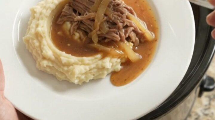 Shredded pork sirloin roast with caramelized onions in a buttery jus in a slow cooker
