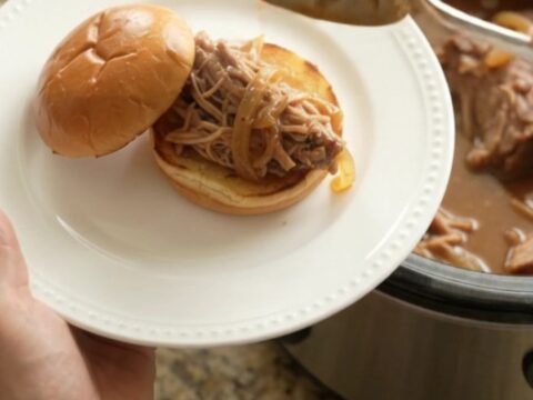 Slow cooker pork sirloin roast with caramelized onions and rich gravy