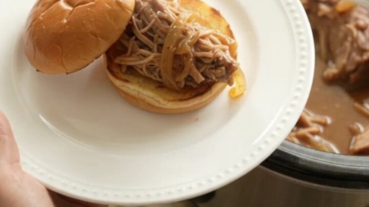 Slow cooker pork sirloin roast with caramelized onions and rich gravy