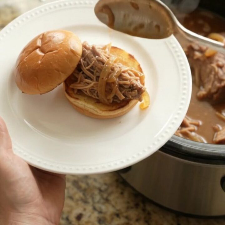 Slow cooker pork sirloin roast with caramelized onions and rich gravy