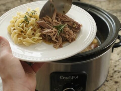 Shredded pork sirloin roast in a slow cooker with garlic and herbs, bathed in butter gravy