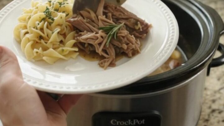 Shredded pork sirloin roast in a slow cooker with garlic and herbs, bathed in butter gravy