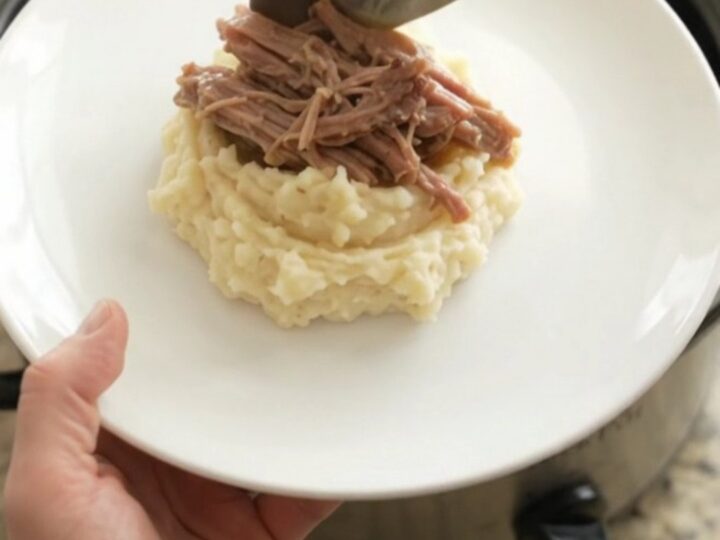 Shredded pork sirloin roast in a slow cooker with garlic and herbs