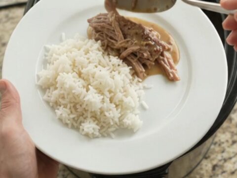 Slow cooker pork sirloin roast with shallots and carrots in creamy Dijon sauce