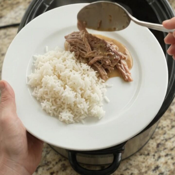 Slow cooker pork sirloin roast with shallots and carrots in creamy Dijon sauce