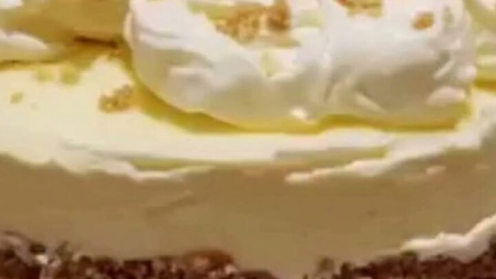 A slice of creamy cheesecake on a white plate with a buttery graham crust and whipped cream.