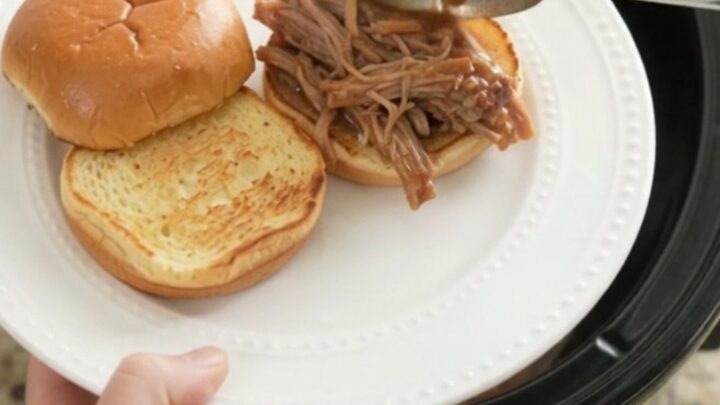 Slow cooker pork sirloin roast with portobello mushrooms in rich brown gravy