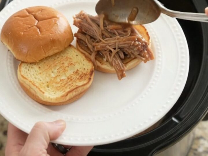 Slow cooker pork sirloin roast with portobello mushrooms in rich brown gravy