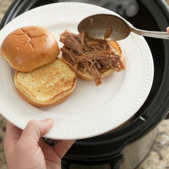 Slow cooker pork sirloin roast with portobello mushrooms in rich brown gravy