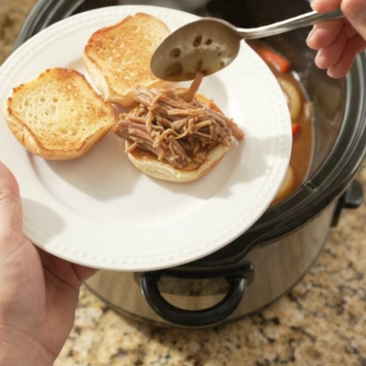 Shredded pork sirloin with sweet peppers and gravy in a slow cooker, garnished with fresh parsley.