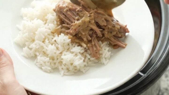 Shredded pork sirloin roast with bell peppers and onions in a creamy Dijon sauce, served in a slow cooker