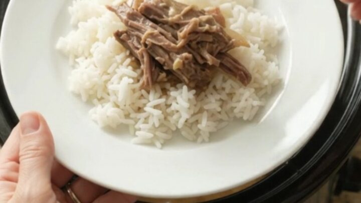 Slow cooker beef roast with mushrooms and creamy Dijon gravy