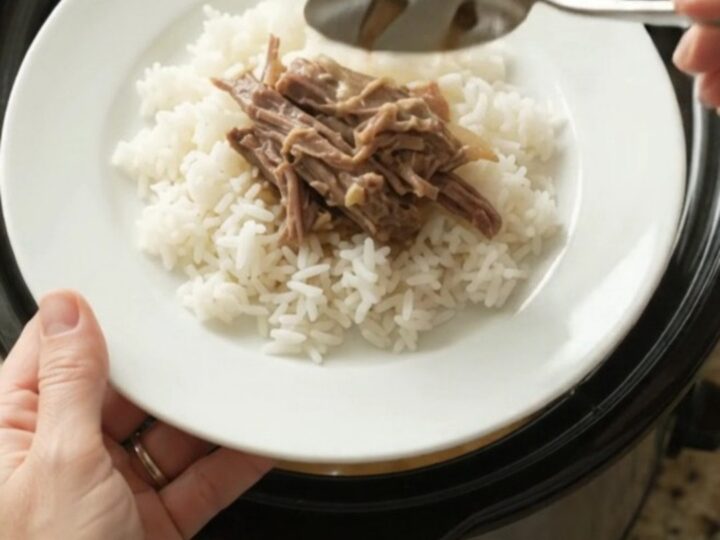 Slow cooker beef roast with mushrooms and creamy Dijon gravy