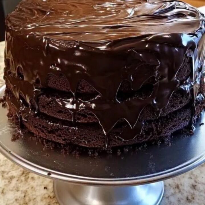 A towering three-layer chocolate fudge cake on a silver pedestal stand with glossy ganache.