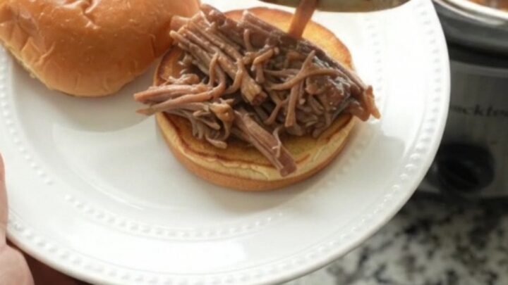 Slow-cooker bottom round roast with garlic and herbs in rich brown gravy