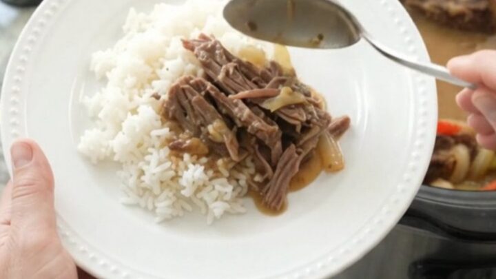 Slow cooker beef roast with peppers and creamy Dijon gravy