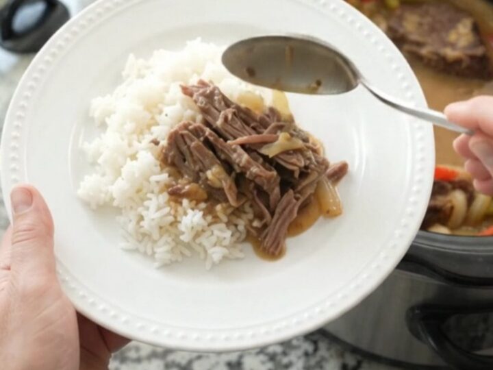 Slow cooker beef roast with peppers and creamy Dijon gravy