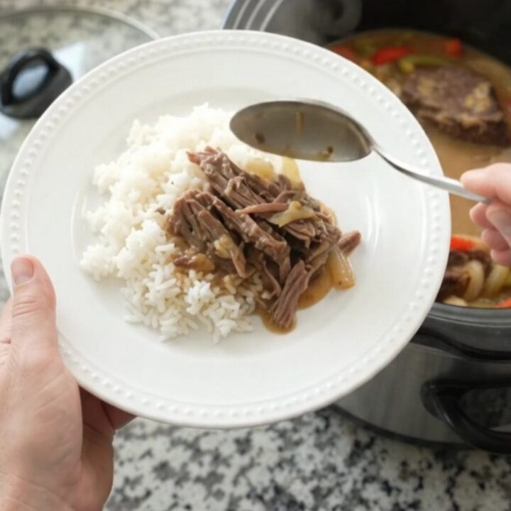 Slow cooker beef roast with peppers and creamy Dijon gravy